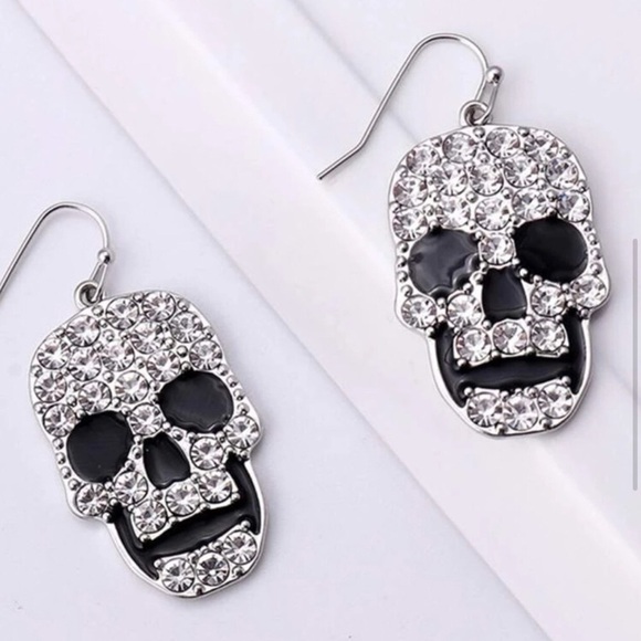 Skull Rhinestones Bling Fashion Dangle Earrings, Silver, Black - Picture 9 of 16